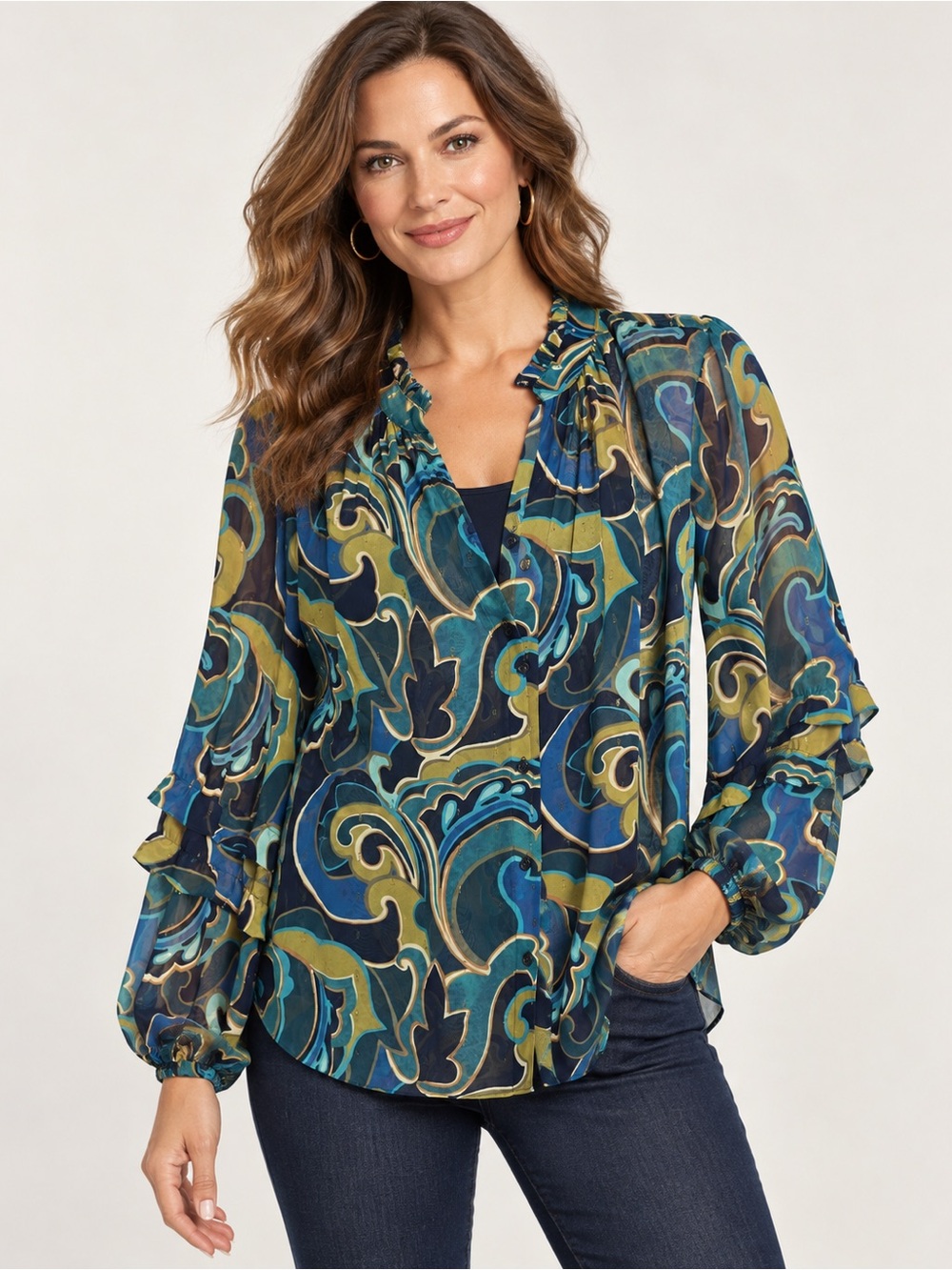 Chicos Priya Swirl Lurex Ruffle Blouse Classic Navy NWT Size 2 US 12
